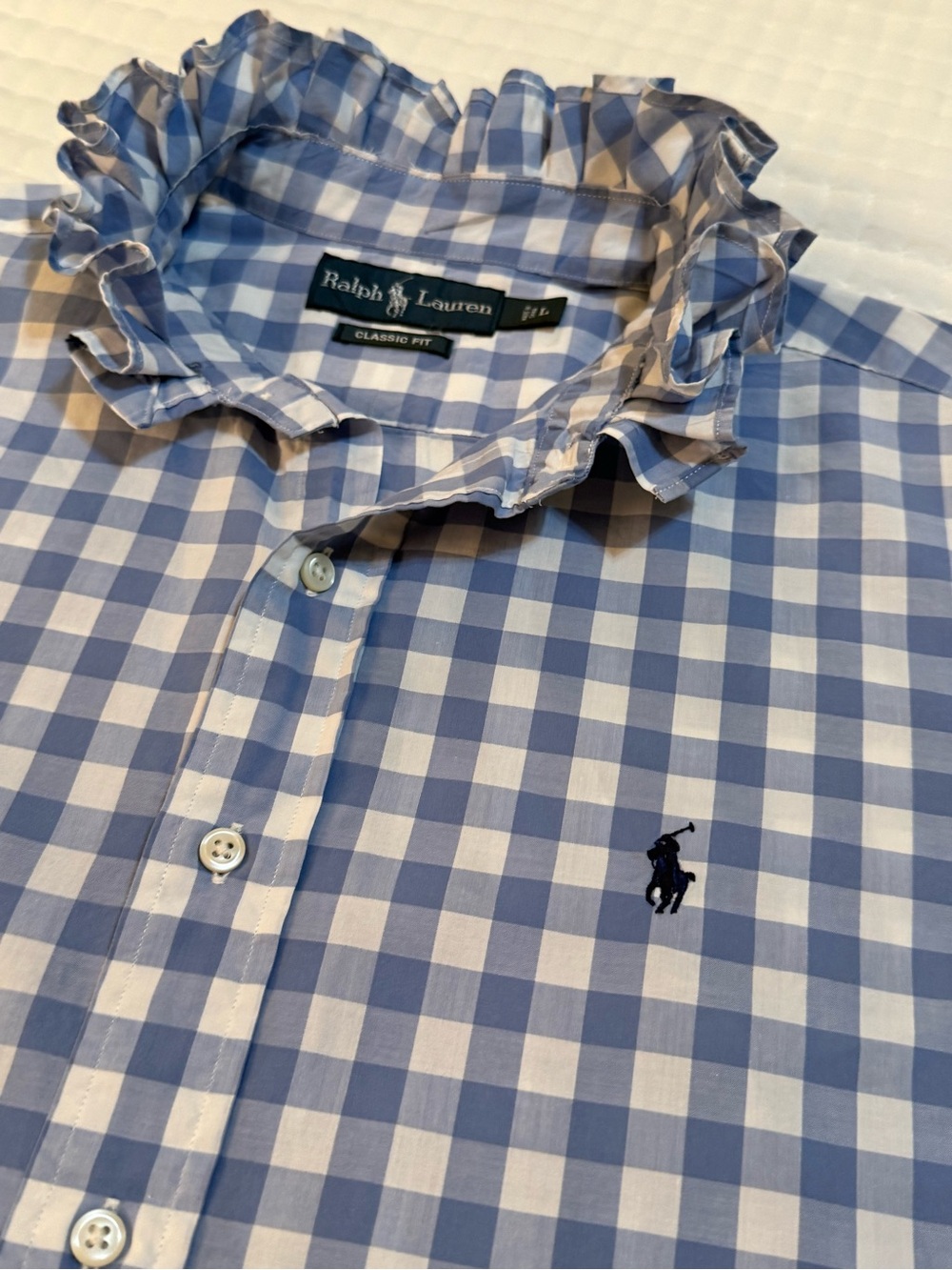 Upcycled Men’s Ralph Lauren Blue and White Gingham Ruffle-Collar Button-Down - Picture 5 of 7